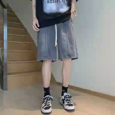 加菲猫家族 美式高街复古水洗做旧磨白拼接直筒阔腿休闲宽松潮流时尚日常百搭舒适柔软透气系带五分牛仔短裤 男女同款