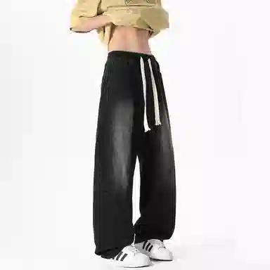 加菲猫家族 美式高街松紧系带中腰复古水洗宽松做旧阔腿垂感舒适休闲百搭牛仔裤 男女同款