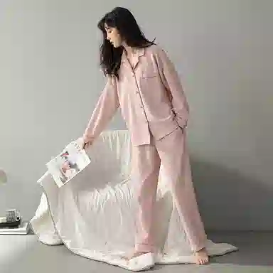 帕兰朵 纯色透气开衫上衣松紧长裤睡衣套装 女款 粉色