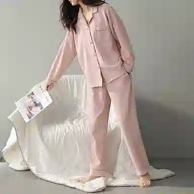 帕兰朵 纯色透气开衫上衣松紧长裤睡衣套装 女款 粉色