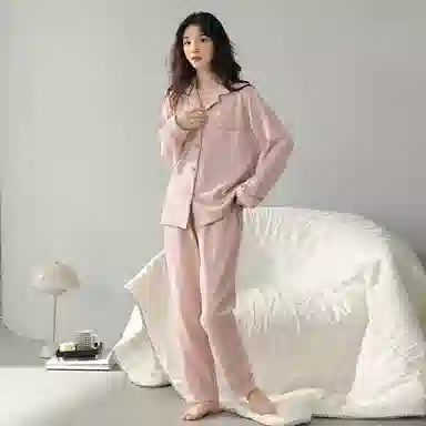 帕兰朵 纯色透气开衫上衣松紧长裤睡衣套装 女款 粉色