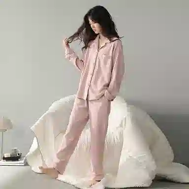 帕兰朵 纯色透气开衫上衣松紧长裤睡衣套装 女款 粉色