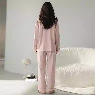 帕兰朵 纯色透气开衫上衣松紧长裤睡衣套装 女款 粉色