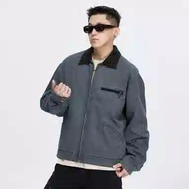 复古高级感拉链翻领撞色宽松夹克外套 男女同款