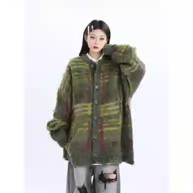 悍戈 美式复古撞色拼接潮流开衫外套 日常通勤无性别百搭针织衫 男女同款