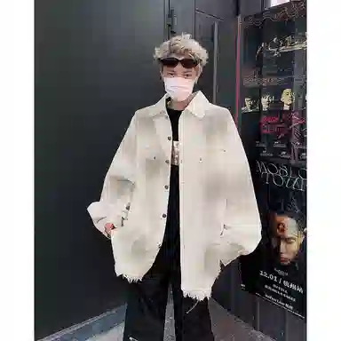 虫小绿 美式高街复古潮流破坏毛边牛仔外套 男女同款