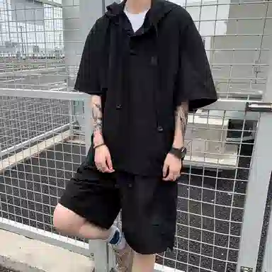 沐诚阳译 美式高街复古连帽短袖与五分裤宽松透气百搭组合轻薄速干上衣简约潮牌通勤户外垂感纯色休闲运动套装 男女同款