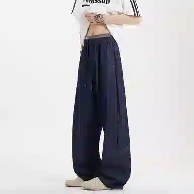 美式高街风格多元素融合水洗复古拼接坠感阔腿弯刀裤通勤百搭宽松大码休闲裤潮流牛仔裤 男女同款 经典牛仔蓝