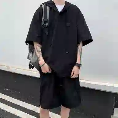 沐诚阳译 美式高街复古连帽短袖与五分裤宽松透气百搭组合轻薄速干上衣简约潮牌通勤户外垂感纯色休闲运动套装 男女同款