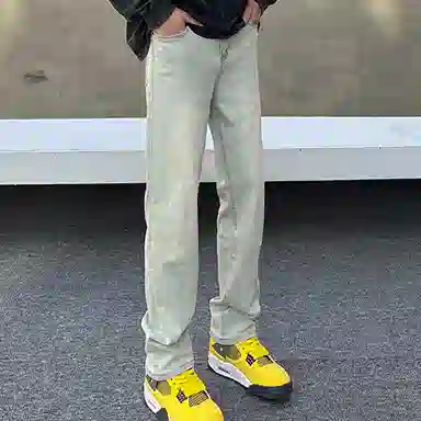尘映 美式潮牌复古水洗做旧多风格微喇直筒休闲百搭长裤牛仔裤 男女同款
