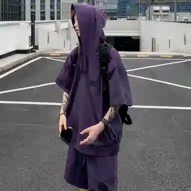 沐诚阳译 美式高街复古连帽短袖与五分裤宽松透气百搭组合轻薄速干上衣简约潮牌通勤户外垂感纯色休闲运动套装 男女同款