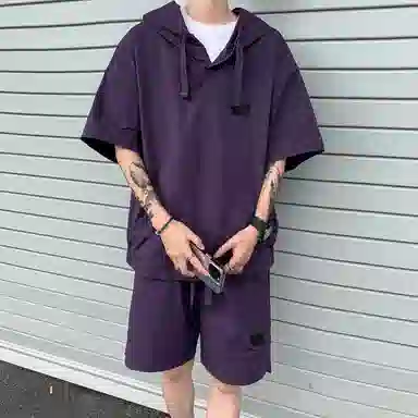 沐诚阳译 美式高街复古连帽短袖与五分裤宽松透气百搭组合轻薄速干上衣简约潮牌通勤户外垂感纯色休闲运动套装 男女同款