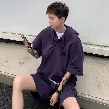 沐诚阳译 美式高街复古连帽短袖与五分裤宽松透气百搭组合轻薄速干上衣简约潮牌通勤户外垂感纯色休闲运动套装 男女同款