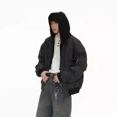 悍戈 巴恩风美拉德假两件美式高街痞帅连帽飞行机车服夹克外套 男女同款