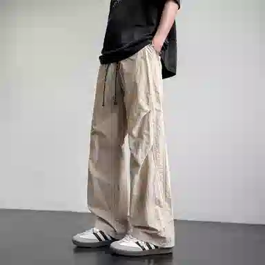 悍戈 美式纯色基础棉麻户外伞兵垂感褶皱阔腿速干工装冰丝裤直筒宽松轻薄透气舒适通勤百搭运动拖地休闲裤 男女同款