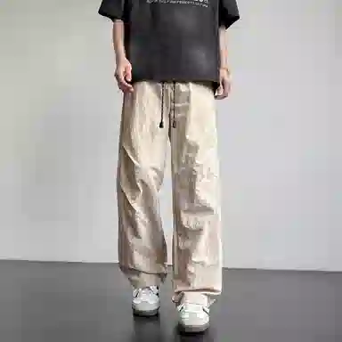 悍戈 美式纯色基础棉麻户外伞兵垂感褶皱阔腿速干工装冰丝裤直筒宽松轻薄透气舒适通勤百搭运动拖地休闲裤 男女同款