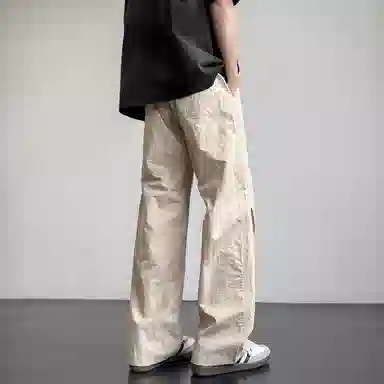 悍戈 美式纯色基础棉麻户外伞兵垂感褶皱阔腿速干工装冰丝裤直筒宽松轻薄透气舒适通勤百搭运动拖地休闲裤 男女同款