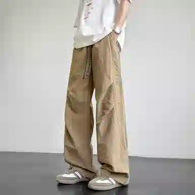 悍戈 美式纯色基础棉麻户外伞兵垂感褶皱阔腿速干工装冰丝裤直筒宽松轻薄透气舒适通勤百搭运动拖地休闲裤 男女同款