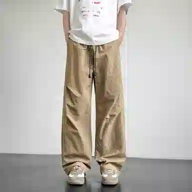 悍戈 美式纯色基础棉麻户外伞兵垂感褶皱阔腿速干工装冰丝裤直筒宽松轻薄透气舒适通勤百搭运动拖地休闲裤 男女同款