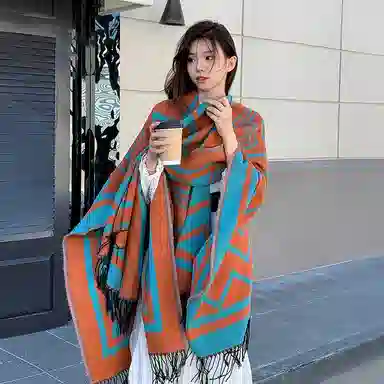 纳兰杜 时尚优雅百搭针织披风异域民族风加厚保暖拼色斗篷秋冬款 披肩 女款