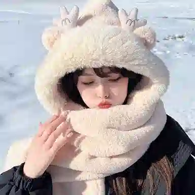 纳兰杜 围巾帽子手套三合一 一体防寒保暖可爱毛绒帽 聚酯纤维 绒线帽 女款 奶茶棕 米白色