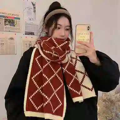 纳兰杜 氛围感韩版时尚潮流保暖百搭穿搭秋冬 腈纶 绒线围巾 女款 红配米