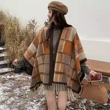 纳兰杜 流苏针织民族风异域拍照旅行旅游配饰穿搭高级感斗篷礼盒装保暖 披肩 女款 枫叶黄