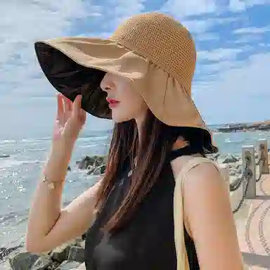 纳兰杜 超大檐遮阳透气休闲沙滩防紫外线高级感 织物 防晒帽 女款 卡其色/黑色/米色/黄色/粉红色