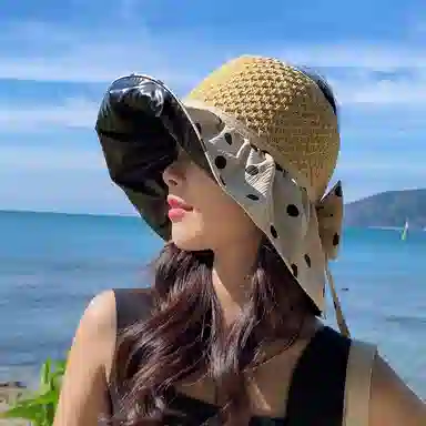 纳兰杜 超大帽檐旅行露营沙滩太阳帽防紫外线韩版遮阳帽 织物（涤纶） 防晒帽 女款 卡其色/黑色/米色