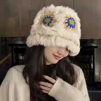 纳兰杜 可爱少女保暖 兔毛绒 绒线帽 女款 米色蓝花/卡其绿花