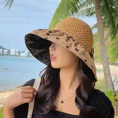 纳兰杜 超大帽檐旅行露营沙滩太阳帽防紫外线韩版遮阳帽 织物（涤纶） 防晒帽 女款 卡其色/黑色/米色