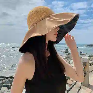 纳兰杜 超大檐遮阳透气休闲沙滩防紫外线高级感 织物 防晒帽 女款 卡其色/黑色/米色/黄色/粉红色