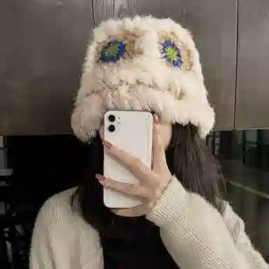 纳兰杜 可爱少女保暖 兔毛绒 绒线帽 女款 米色蓝花/卡其绿花