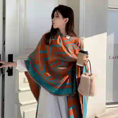 纳兰杜 时尚优雅百搭针织披风异域民族风加厚保暖拼色斗篷秋冬款 披肩 女款