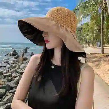 纳兰杜 超大檐遮阳透气休闲沙滩防紫外线高级感 织物 防晒帽 女款 卡其色/黑色/米色/黄色/粉红色