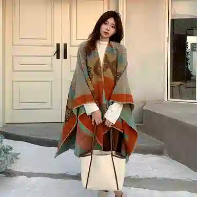 纳兰杜 异域民族风拼色旅行旅游配饰穿搭高级感斗篷 披肩 女款 卡其色菱格