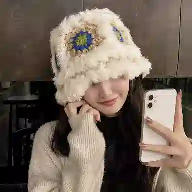 纳兰杜 可爱少女保暖 兔毛绒 绒线帽 女款 米色蓝花/卡其绿花