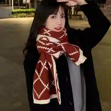 纳兰杜 氛围感韩版时尚潮流保暖百搭穿搭秋冬 腈纶 绒线围巾 女款 红配米