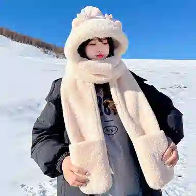 纳兰杜 围巾帽子手套三合一 一体防寒保暖可爱毛绒帽 聚酯纤维 绒线帽 女款 奶茶棕 米白色