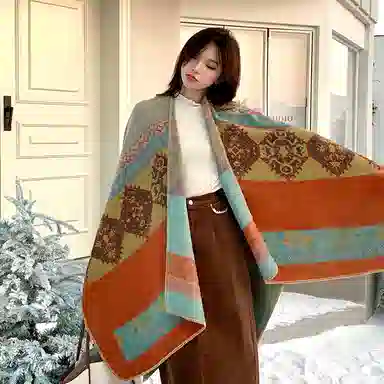 纳兰杜 异域民族风拼色旅行旅游配饰穿搭高级感斗篷 披肩 女款 卡其色菱格