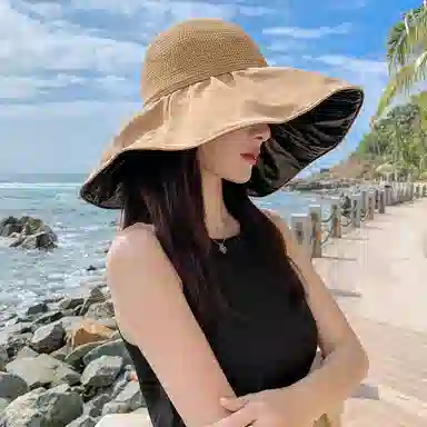 纳兰杜 超大檐遮阳透气休闲沙滩防紫外线高级感 织物 防晒帽 女款 卡其色/黑色/米色/黄色/粉红色