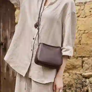 纳兰杜 包包女复古时尚通勤高级感洋气百搭简约休闲 牛皮拼合成革 单肩包斜挎包 迷你 女款 植鞣咖色/植鞣浅草黄