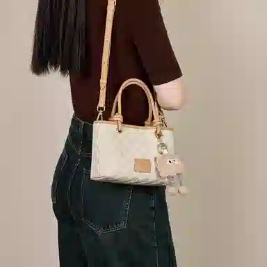 纳兰杜 通勤上班洋气高级感精致百搭 牛皮拼合成革 手提包 小号 女款 米白拼杏