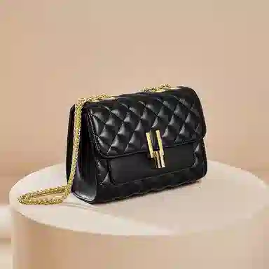 纳兰杜 菱格链条小香风潮流百搭 牛皮拼合成革 斜挎包 小号 女款 黑色/米白色