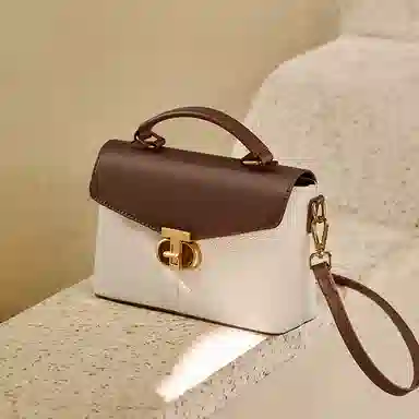 纳兰杜 气质优雅百搭大气高级感上班通勤 牛皮 单肩斜挎手提包 中号 女款 米白拼棕色