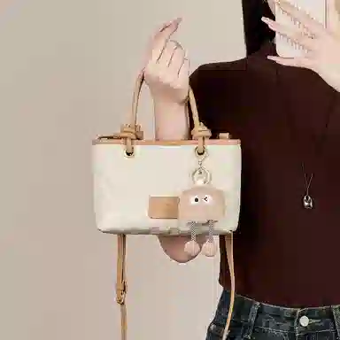 纳兰杜 通勤上班洋气高级感精致百搭 牛皮拼合成革 手提包 小号 女款 米白拼杏