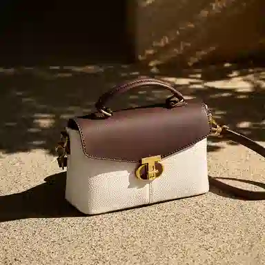 纳兰杜 气质优雅百搭大气高级感上班通勤 牛皮 单肩斜挎手提包 中号 女款 米白拼棕色