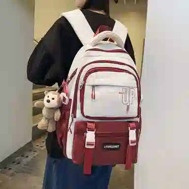 纳兰杜 撞色潮流百搭上课 织物 书包双肩包 大号 男女同款情侣款 奶茶色/酒红色/粉拼蓝