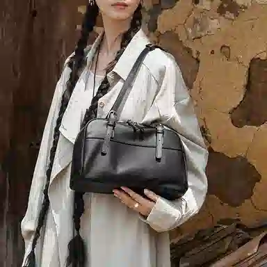 纳兰杜 小众品牌时尚保龄球包洋气百搭高级感通勤 牛皮 手提单肩包 大号 女款 植鞣黑色/植鞣棕色