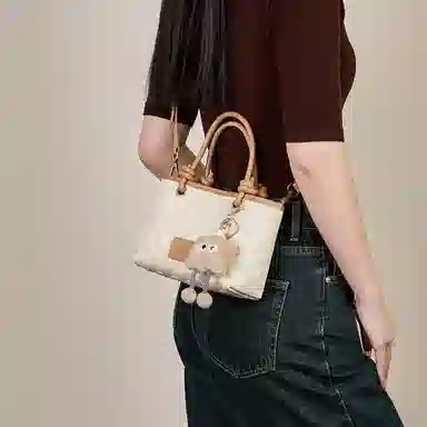 纳兰杜 通勤上班洋气高级感精致百搭 牛皮拼合成革 手提包 小号 女款 米白拼杏